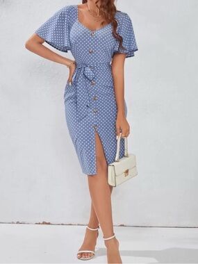 SHEIN Blue Polka Dot Button-Front Midi Dress